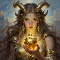 trojan horse battlefield, closeup portrait of eris discordia, long flowing hair, holding an glowing reflective gold!!! metal apple, goddess of chaos, fantasy character portrait, ultra realistic, wide angle, intricate details, artifacts, luminous skies, michael cheval, peter mohrbacher, boris vallejo, jessica rossier, oil painting, highly detailed, cinematic lighting, unreal
