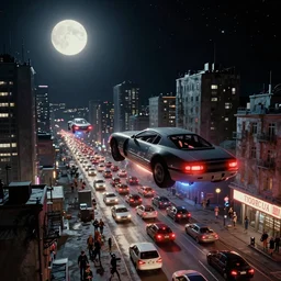 flying cars in a traffic jam in a Russian cyberpunk slum city called Neo Norilsk on the Moon, at night, diverse, lively, black sky full of stars, blinding sun, sci-fi, lots of flying cars, levitation, cyberpunk outfits, photorealistic, grainy, 35mm, intricate, very very beautiful, elegant, smooth, cinematic, Unreal Engine 5, by Beeple, trending on Artstation HD