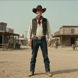 A digital artwork of an anatomical model without skin in a cowboy outfit, standing in a dusty old western town. Movie screenshot directed by Sergio Leone and Quentin Tarantino. Cinematic. 24mm lens, 35mm film, Fujifilm Reala, f8