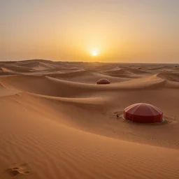 winding sunset over sahara desert rolling sand dunes with terracotta igloos