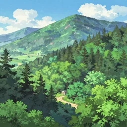 a landscape of a mountain forest, colorful anime style, by miadzaki