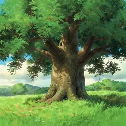 giant ash tree on grass landfield, animation matte painting by pixar ghibli studio miyazaki ghibli