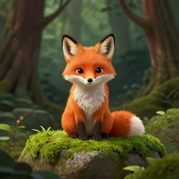 a small animal with a fox face sits on a mossy stone, shady forest, cartoonish but elaborate and detailed style, high quality