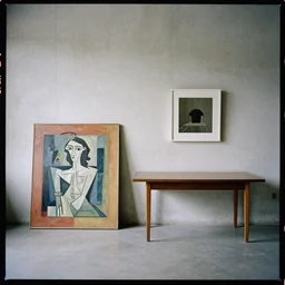 kodak portra 4 0 0, 8 k, wide shot of a highly detailed, britt marling style, award winning colour still - life portrait of a large minimalistic room with rough concrete walls, a picasso painting, a square wall picture is leaning on the wall, a 1 9 5 0 s table, a 1 9 5 0 s table
