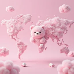 A world made of cotton candy. Many nuveus. Pink sky. Fluffy bears. High quality. High fidelity.
