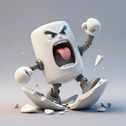 dissection of funny, angry screaming with tongue out ceramic exploding crash miniature toy resin Figure robot falling apart 8K, c4d, 3d primitives, in a Studio hollow, surrounded by flying parts, explosion drawing, by pixar, beeple, by jeff koons, blender donut tutorial