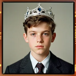 kodak portra 4 0 0, 8 k, highly detailed, britt marling style 3 / 4 photographic close, medium format, press award winning portrait of a handsome boy with a silver crown, up face with 1 9 5 0 s hairstyle, 1 9 5 0 s clothing style, asymmetrical, hasselblad x 1 d - 5 0 c, 1 0 0 mm f 1. 8, soft light