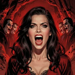 David Baldeon comic art, Joshua Middleton comic art, Norman Rockwell:: detailed woman Stella Maeve who is screaming, facing forward towards camera, The interior of an cave lit in red, a few detailed face vampires