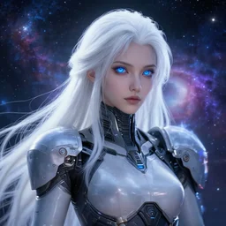 perfect android girl on a mothership, warframe armor, beautiful face, scifi, futuristic, galaxy, nebula, raytracing, dreamy, long white hair, blue cyborg eyes, sharp focus, cinematic lighting, highly detailed, artstation, innocent, art by gauthier leblanc, kazuya takahashi, huifeng huang