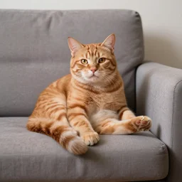 an orange lazy tabby cat on a sofa studio lighting goofy foggy