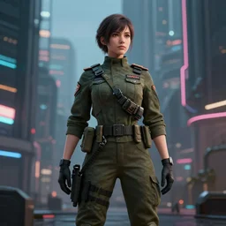 trending on artstation 4k, unreal engine render, beautiful illustration of military woman standing in cyberpunk city