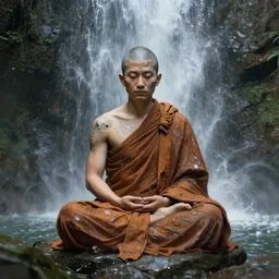 corrupted monk meditating under a waterfall, concept art, trending on artstation, wlop, ross draws, digital painting, mixed media, intricate details, volumetric lighting