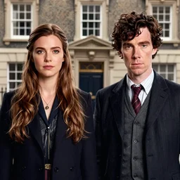 bbc sherlock holmes and john watson with faces of katie holmes and emma watson, long hair on head, long shot, baker street 2 2 1 b at background, still from sherlock bbc movie, intricate, cinematic lighting, smooth, sharp focus, award winning portrait studio lighting by jessica rossier and brian froud and gaston bussiere