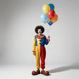 afro-haired clown with balloons, studio photography, full body, standing, isolated on a pure white background, centered, whole figure in frame, sharp focus, studio lighting