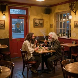 in a small empty cozy colorful pub, empty after sunset, a door and a window and empty tables, jesus christ and albert einstein and charles darwin meeting together on a tabletop, smoking weed and drinking wine, photorealism, hyperdetailed, volumetric lightening, octane, dalle 2 composition