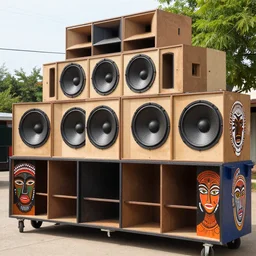 a massive sound system with large speakers built into wheelie bins that are painted with ethnic faces.