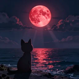 cat looking at the sea with a big red moon reflecting in the sea, night, light rays, clouds, trending artstation, low angle, in the style of Hollow Knight