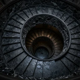 a polished dark black stone spiral staircase in the center of a stone platform leading down into darkness, viewed from above;  detailed, best on artstation, raymond swanland, bayard wu, cosmic, epic, stunning, masterpiece