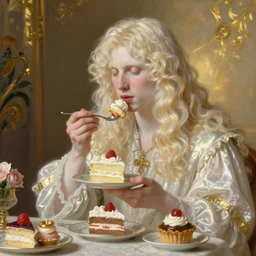 Lucius as a pale albino prince of luxurious scintillating radiance, long fluffy blond curly hair, enjoying delicate cakes and pastries, oil on canvas, golden hour, artstation, by J. C. Leyendecker and Peter Paul Rubens