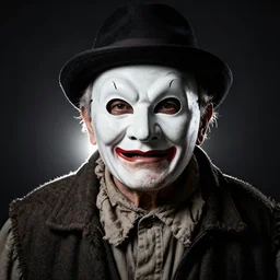 high contrast studio portrait of a wrinkled old man wearing a pulcinella mask, angry eyes, baggy cloathing and hat, close - up, backlit, dark mood, nikon, photo by unknown, masterpiece