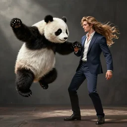 A panda fly kicking an attractive French man