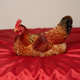 A Extremely Stunning Detailed Full body picture of a singular isolated Chicken, lays down across the bed horizontally wearing a red dress while laying on a red Satin bed looking directly at you. 85mm, award winning