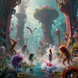 strange creatures wandering The Grove, And the flung spray and the blown spume and the seagulls crying, jellymeat, cinematic, hyper realism, high detail, octane render, unreal engine, 8k, vibrant color, Cthylla's laboratory, a desolate alien world full of rich colors, unique architecture, by andrea chiampo and chet zar