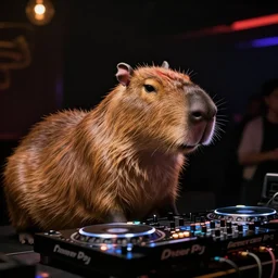 Capybara DJing at a nightclub, HD photograph, by Michael Mann