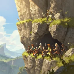dnd adventurers hiding below a cliff, sunny, fantasy art, concept art, digital art, epic, 4 k