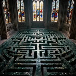 Establishing shot, ornately and intricately carved obsidian maze, infinite labyrinth, labyrinthine, optical illusion, m.c. escher, extreme depth, high contrast, cinematic film still, arri alexa, ari aster, neobrutalist architecture, cathedral, large stained glass windows, cinematic lighting, dinopunk aesthetic by Noah Bradley, James gurney, and Vincent di fate