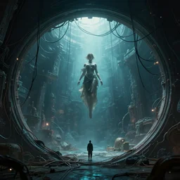 just only one lonely cyberpunk round portal to the fantasy paradise!! bad omens, deathcore style of bonestell, chesley and casson, a. j. dramatic lighting. the ceiling is hung with chaotic cables, a grace goddess floating in the center. cinematic. 8 k, octane render. ultra clear detailed.