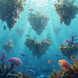 A watery world with floating islands and strange sea creatures