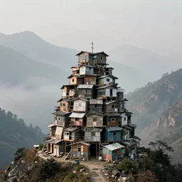 one round tower, made up of makeshift squatter shacks in a vast mountain landscape, misty, dystopia, mamiya rb 6 7, fully frontal view, very detailed, photographed by ansel adams