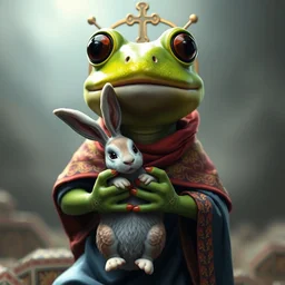pepe the frog holding a bunny, religious art, sharp focus, unreal engine, trending on artstation, photorealistic, octane, trending on deviantart
