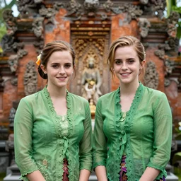 portrait of lindsey pelas and emma watson wearing green kebaya in bali temple, by charlotte grimm, natural light, detailed face, canon eos c 3 0 0, ƒ 1. 8, 3 5 mm, 8 k, medium - format print, half body shot