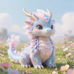 beautiful digital fantasy illustration of a closeup adorable giant fluffy feathered sparkling pearlescent pastel dragon sitting alone in a flower meadow, concept art by greg rutkowski, anato finnstark, and rebecca guay, highly detailed, soft lighting, rendered in octane