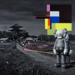 futuristic fine lasers tracing, futuristic japan rural nature touring and ceramics, steven meisel, kaws, rolf armstrong, mondrian, kandinsky, perfect geometry abstract acrylic, octane hyperrealism photorealistic airbrush collage painting, dark monochrome, fluorescent colors, minimalist rule of thirds, eighties eros