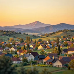 a tilt-shift photograph of an Edmund Dulac and Ivan Bilibin inspired village scene and of a sunset and mountains. natural sunlight, golden hour. detailed, full color scheme