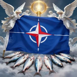 dead fish all lying below an epic nato flag surrounded by angels, digital art