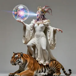 a perfect majestic portrait photograph of a distorted, contorted human monarch standing atop a tiger. saran wrap robes of metre long geodes, and a crown of squid engulfing their head. their gaping mouth is blasting colored rays of pure energy in a fractal glass sphere.