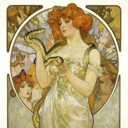 an art nouveau copic maker impresionist painting of a woman holding a snake by john berkey by stanley artgerm lau, alphonse mucha, loish, norman rockwell