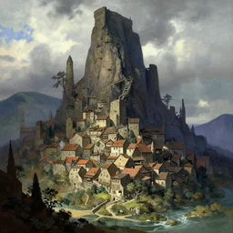 looming towering crooked ancient town, artstation, by frank frazetta, by peter bruegel the elder, by takato yamamoto, hills, river