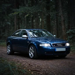 dark blue audi a4 b6 in a forest, professional car photography, dramatic, vignette