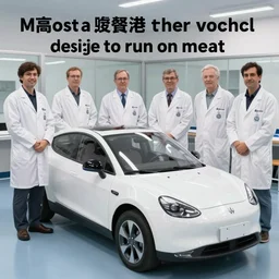 “ a press photo of a group of scientists showing off their new vehicle designed to run on meat ”