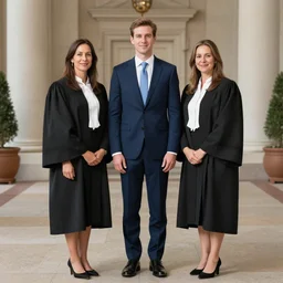 full body official photo portrait of a young handsome canadian prime minister and his two lawyer girlfriends