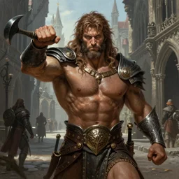 a highly detailed portrait painting of a muscular beautiful hercules in daedric - armor, poising for the camera, on an medieval gothic street, in the style of greg rutkowski and hans zatzka, digital art, sharp focus, highly realistic, octane render