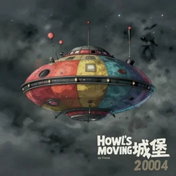 a realistic and atmospheric cell - shaded concept art from howl's moving castle ( 2 0 0 4 ) of a multi - colored ufo from close encounters of the third kind ( 1 9 7 7 ). it is a misty starry night. very dull colors, hd, 4 k, hq
