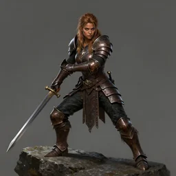 Female barbarian, black pants, heavy brown metallic armor, swords, gorgeous and beautiful, light brown messy hair, dark skin, brown eyes, detailed face, battle stance, high fantasy, extremely detailed, alone, on a rock, DND, D&D, matte painting, by wlop and peter mohrbacher