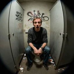 Klaus Schwab with a surprised expression on his face, sitting on a toilet in a dirty public bathroom, graffiti on the stall walls, garbage on the ground, dimly lit, fish eye lens, high quality, artstation