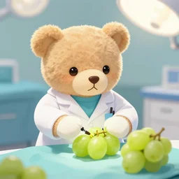 a cute teddy bear who is a doctor doing surgery on a grape
